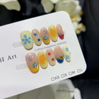 10PCS Ins Blue Short Oval False Nails Retro Hand-drawn Brown Polka Dot Bow French Press on Nails Full Cover Detachable Manicure