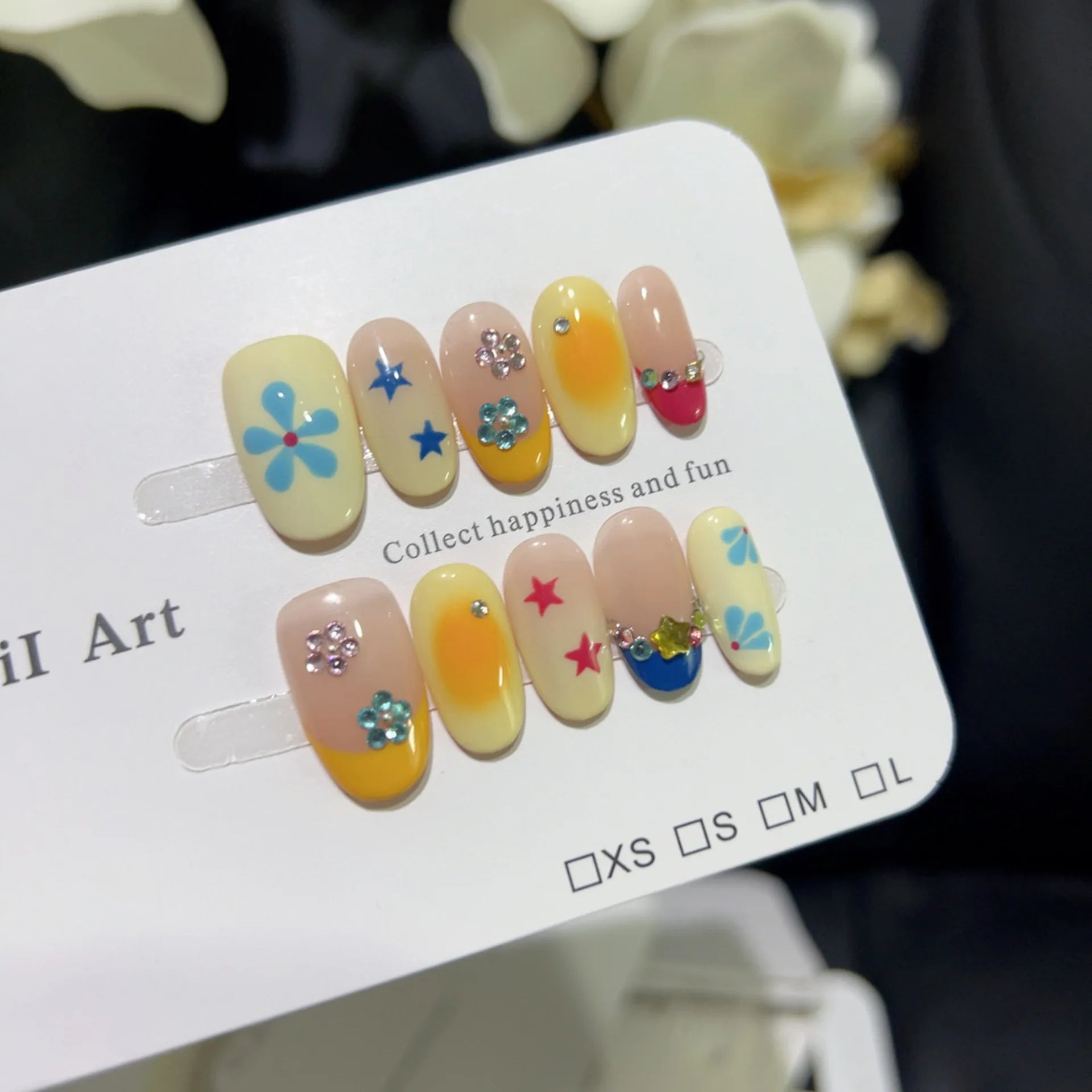 10PCS Ins Blue Short Oval False Nails Retro Hand-drawn Brown Polka Dot Bow French Press on Nails Full Cover Detachable Manicure