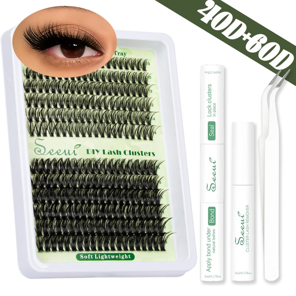 SEEUI Lash Clusters Kit Natural Look Large Capacity Lash Extension Kit with Lash Bond And Seal Eyelash Tweezers