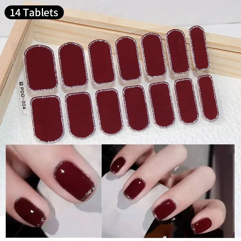 Pink Glitter Design Baking-free Nail Stickers French Style Solid Color Adhesive Full Cover Nail Strip Slider DIY Manicure Decals