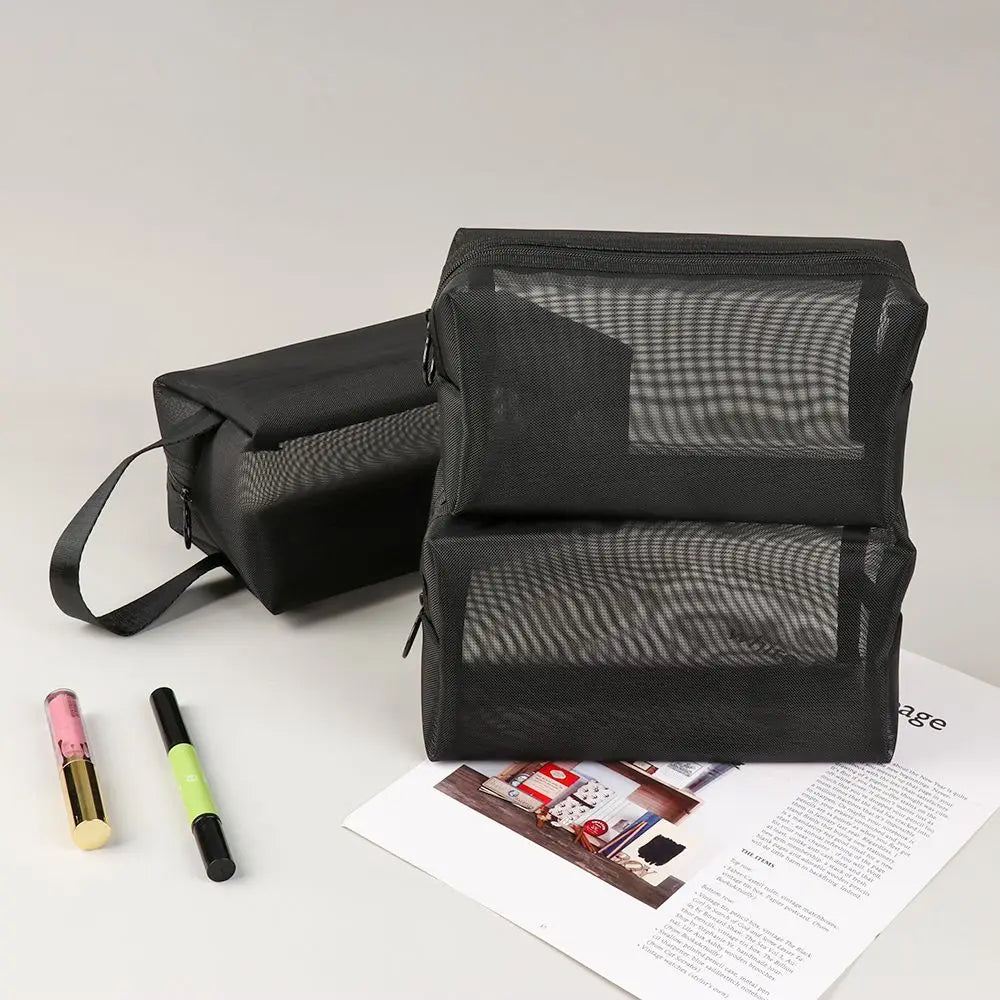 1PC Travel Black Mesh Cosmetic Bag Zipper Makeup Bag For Women Wash Toiletry Bag Makeup Organizer Portable Storage Pouch