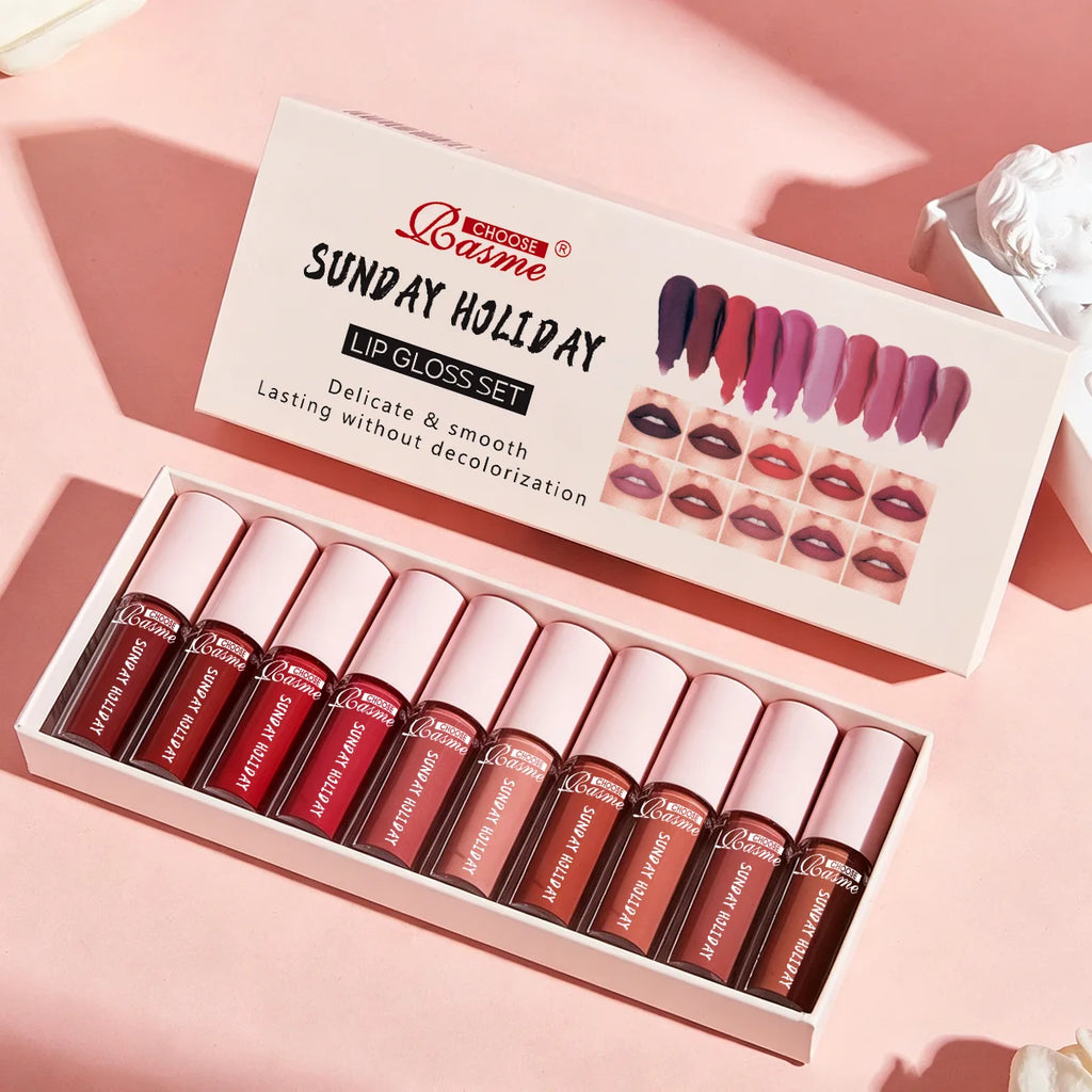 10 Color Mouth Red Lip Glaze Makeup Set, Exquisite, Practical, Portable Lipgloss Lipstick Set Valentine's Day gift