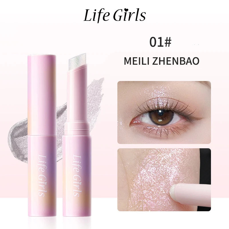 Water-Gel Eyeshadow Stick Is a Single-Swipe Makeup Highlighter Eyeshadow Stick with a Pearlescent Shimmer in Various Colors. Glowing Highlighter Eyeshadow Stick Is a Stick That Can Be Used on Both Eyebrows. The Waterproof Eff