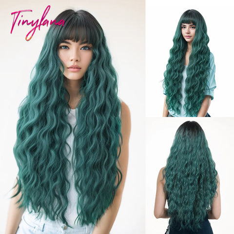 Long Curly Green Wave Synthetic Wigs with Bangs for Women Christmas Grass Green Cosplay Wigs Daily Natural Hair Heat Resistant