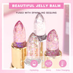 QIBEST Glitter Lipstick Lip Balm Color Change Transparent Moisturizing Crystal Jelly Pearlescent Lip Plumper Gloss Tint Cosmetic