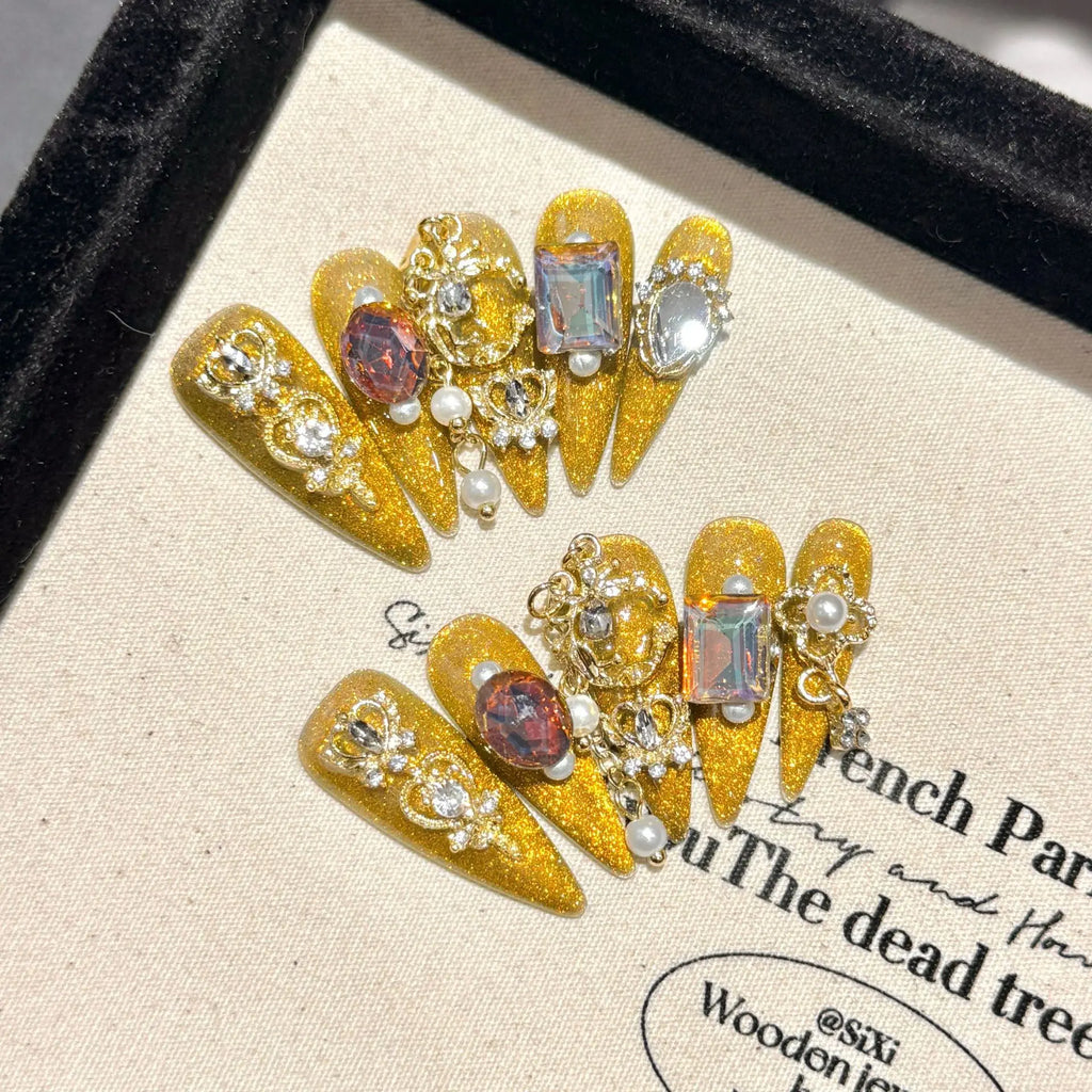 Handmade Press on Nails Shiny Pink Cat Eye Fake Nails for Women Girl Wearable Glitter Full Crystal Design False Nail Tips
