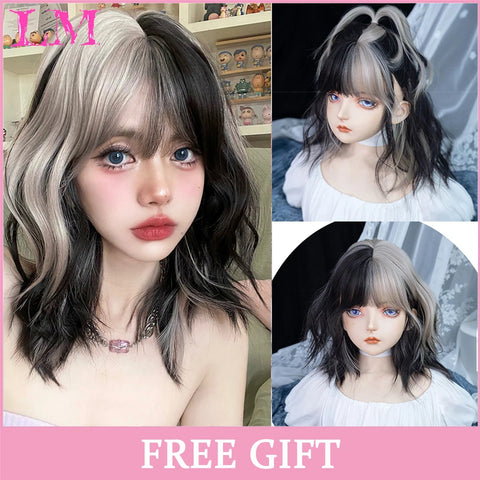 LM Synthetic Hair Long Wave Black And Pink Lolita Wigs For Women Cosplay Wig With Bangs Halloween Christmas Heat Resistant