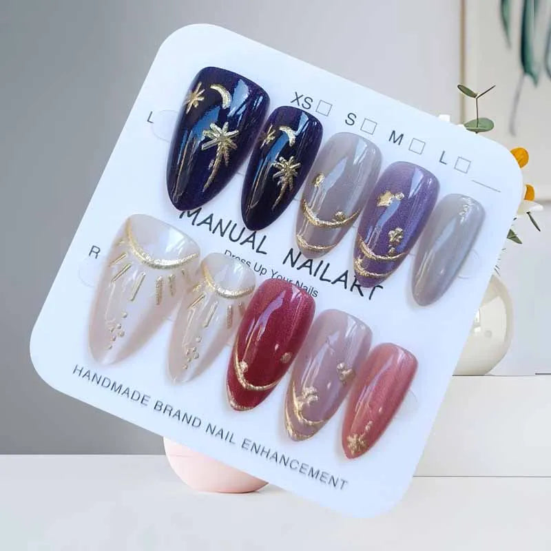 10Pcs French Style Almond Shape Blue Denim Gilded Baroque Press on Nails Manicure Starry Moon Gilding With Cat Eye Fake Nails