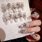 24pcs New Year Heavy Metal Press on Nails Chinese Bride Wedding Fake Nails Full Cover Wearable Shiny Large Crystal False Nails