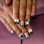 24pcs Short Duck Shaped False Nails Y2k Punk Style Rose Pink Black French Tips Press On Nail Diamond Star Flower Decor Fake Nail