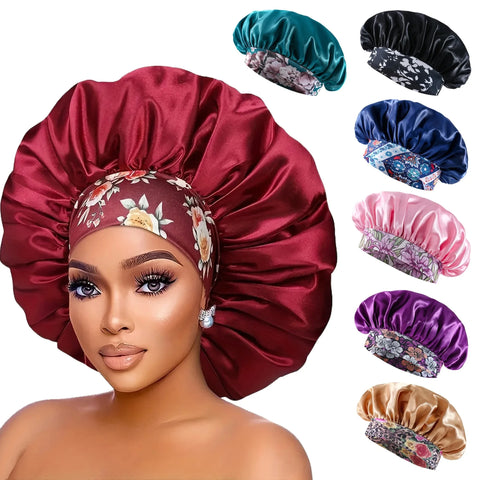 Women's Fashion Bonnet Flower Printed Hair Hat with Wide Edge Elastic Silk Smooth Satin Face for Daily Home Sleep Hat