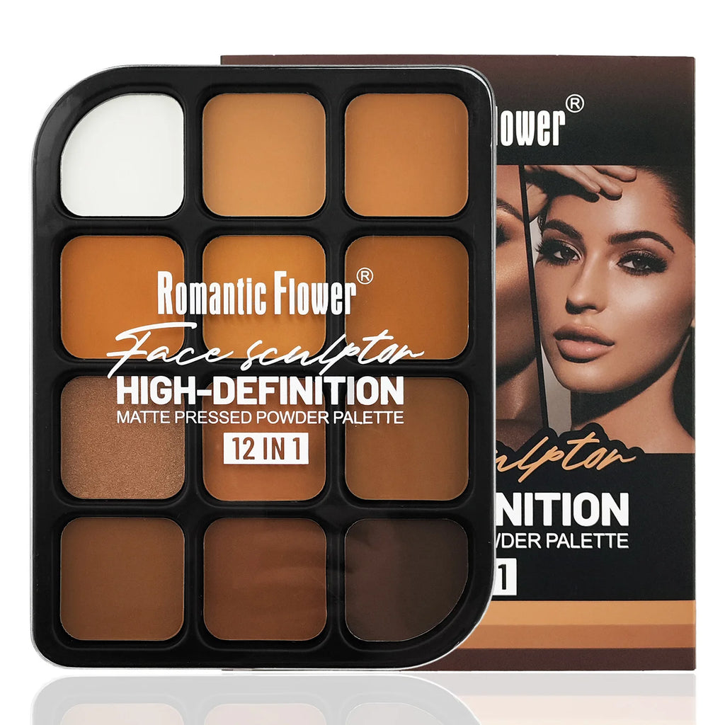 Deep Skin 12-Color Matte Contour Palette - Full Coverage All-In-One Highlighter Shading & Powder Face Makeup Kit