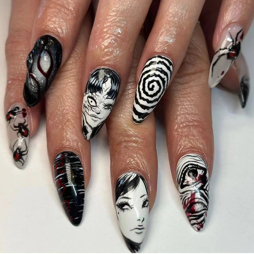 24pcs Sliver Spider Design Fake Nail Halloween Gothic Punk False Nail Tips Wearable European Heavy Metal Almond Press on Nails