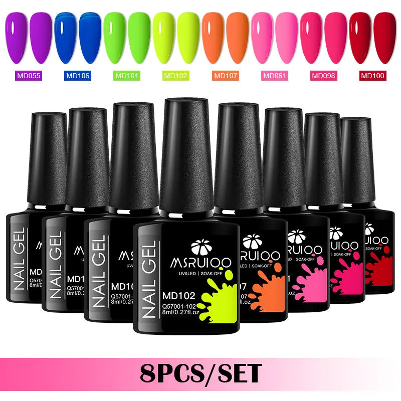 8Pcs 8ml Gel Nail Polish Set , Long Lasting, Lead-Free Semi Permanent Soak Off UV Gel Varnish For Summer, DIY Nail Art Design