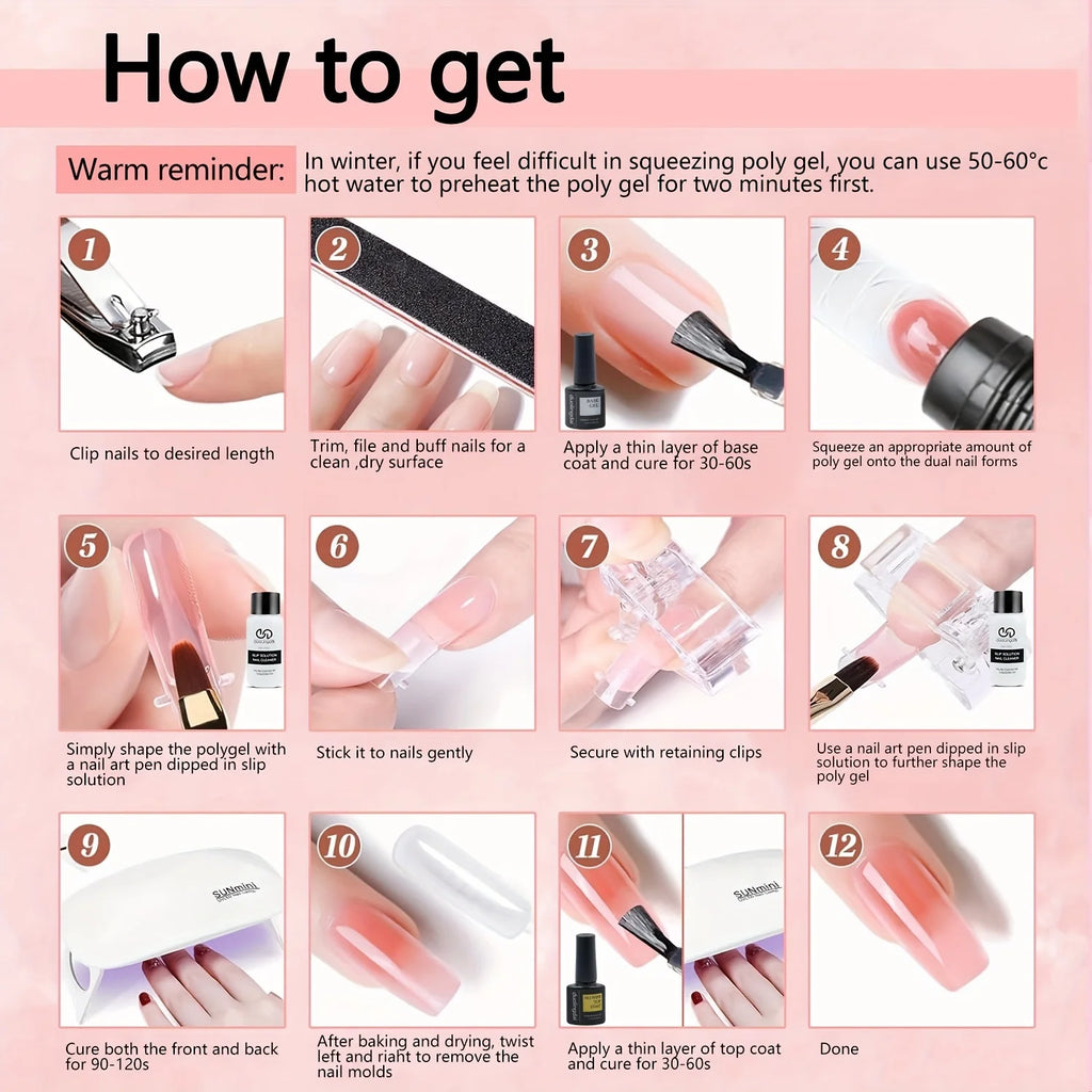 Poly Gel Nail Kit Starter with 4 Colors (Natural Clear + 3 Tones) - Quick Dry Nail Polish, / Curable DIY Gel Nail Polish for