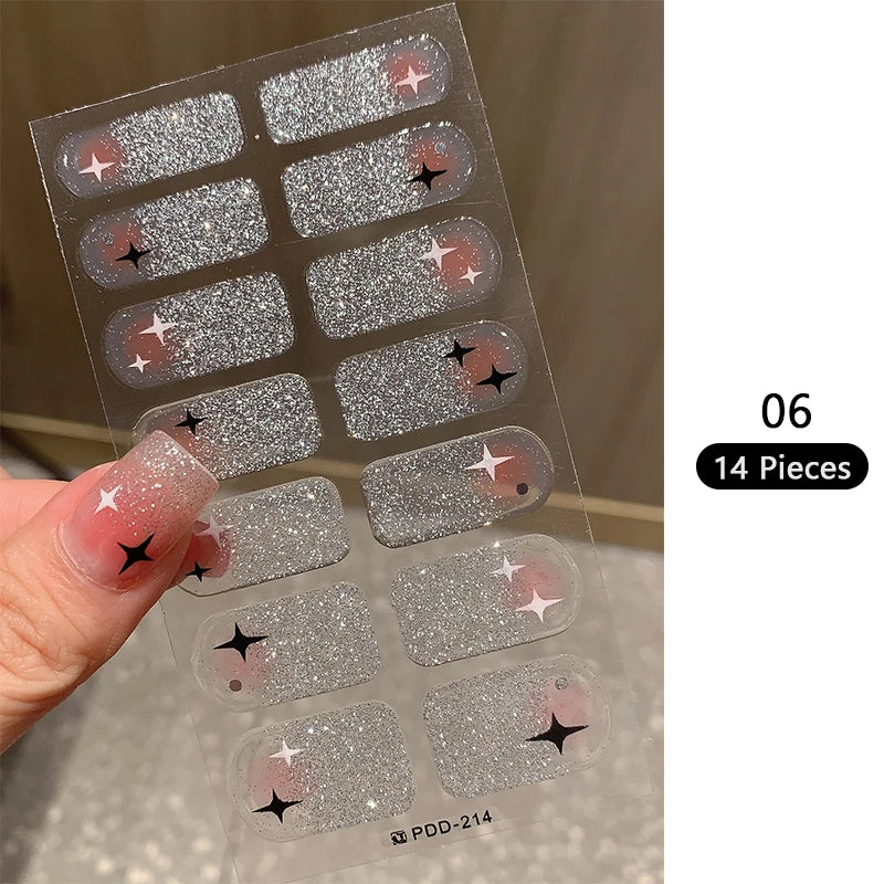 Pink Glitter Design Baking-free Nail Stickers French Style Solid Color Adhesive Full Cover Nail Strip Slider DIY Manicure Decals