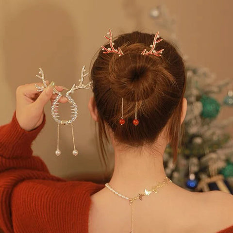 AWAYTR New Christmas Elk Horn Tassel Hairpin Korea Cute Hair Clip Ponytail Bun Ponytail Clip For Women Girl Hair Accessories