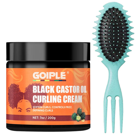 GOIPLE 200g Black Castor Oil Curling Cream With Curl Defining Brush For Moisturize Perfection Wavy Moisturize Anti-Frizz Hair