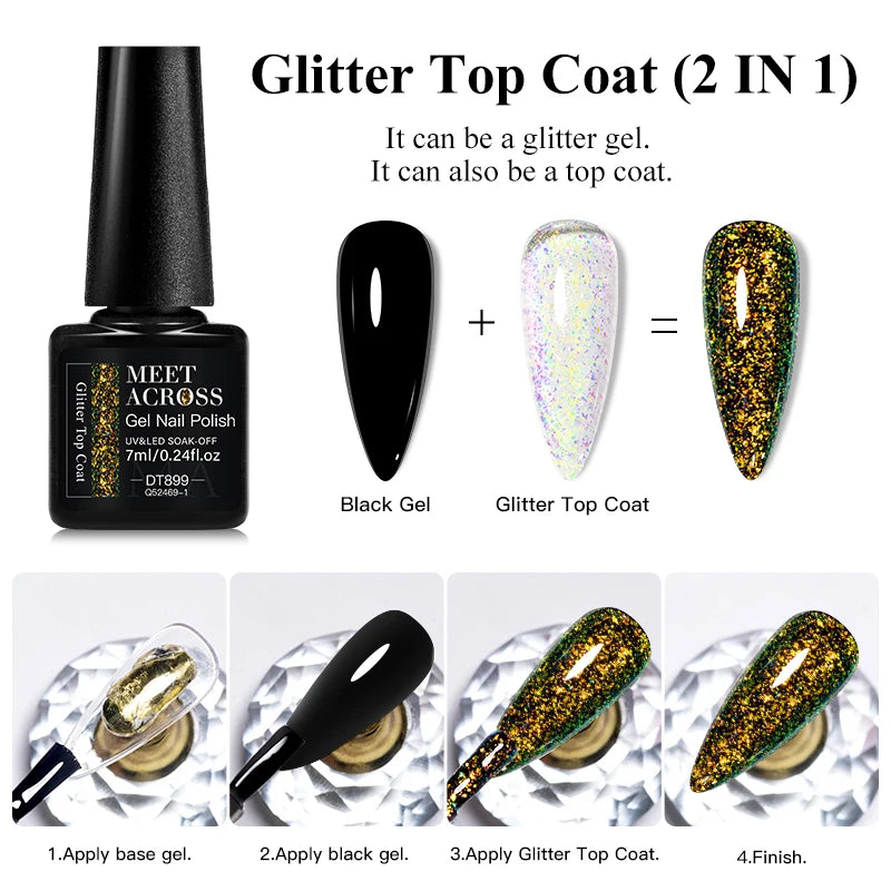 MEET ACROSS 7ml Sparkly Glitter Top Coat Gold Foil Effect Nail Art Gel Nail Polish Soak Off Semi Permanent Varnish For Nails DIY
