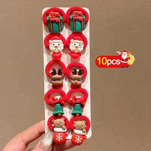 10Pcs/Set Kids Girls Christmas Hair Ties Cute Santa Claus & Reindeer Design Festive Hair Accessories Holiday Parties Decorations