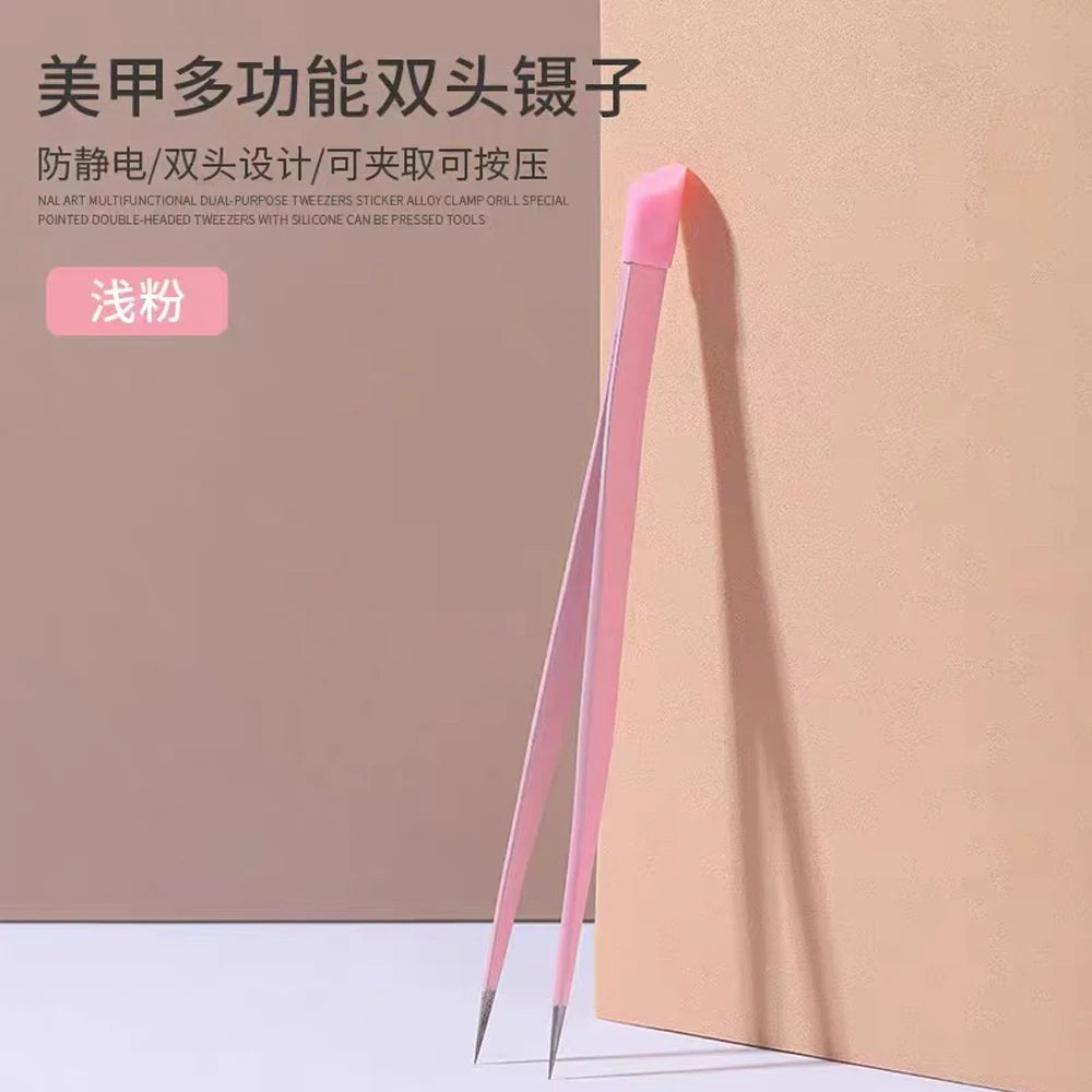 Black/Pink Double Headed Tweezers Stainless Steel Slant Tip Makeup Tool Silicone Press Head For Nail Stickers Eyelashes Tweezers