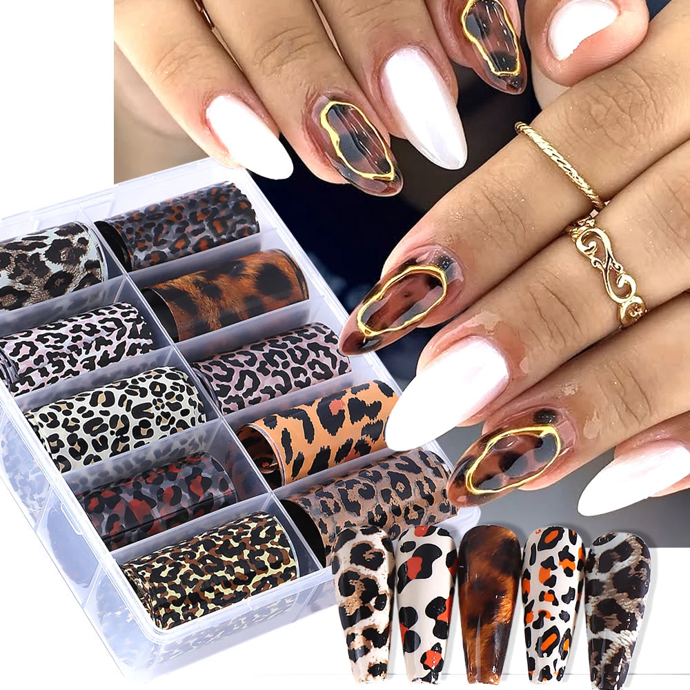 1Box-10pcs Nail Sticker Leopard Print Series Nail Foils Animal Leopard Texture Starry Nail Transfer Decals Slider Manicure DIY