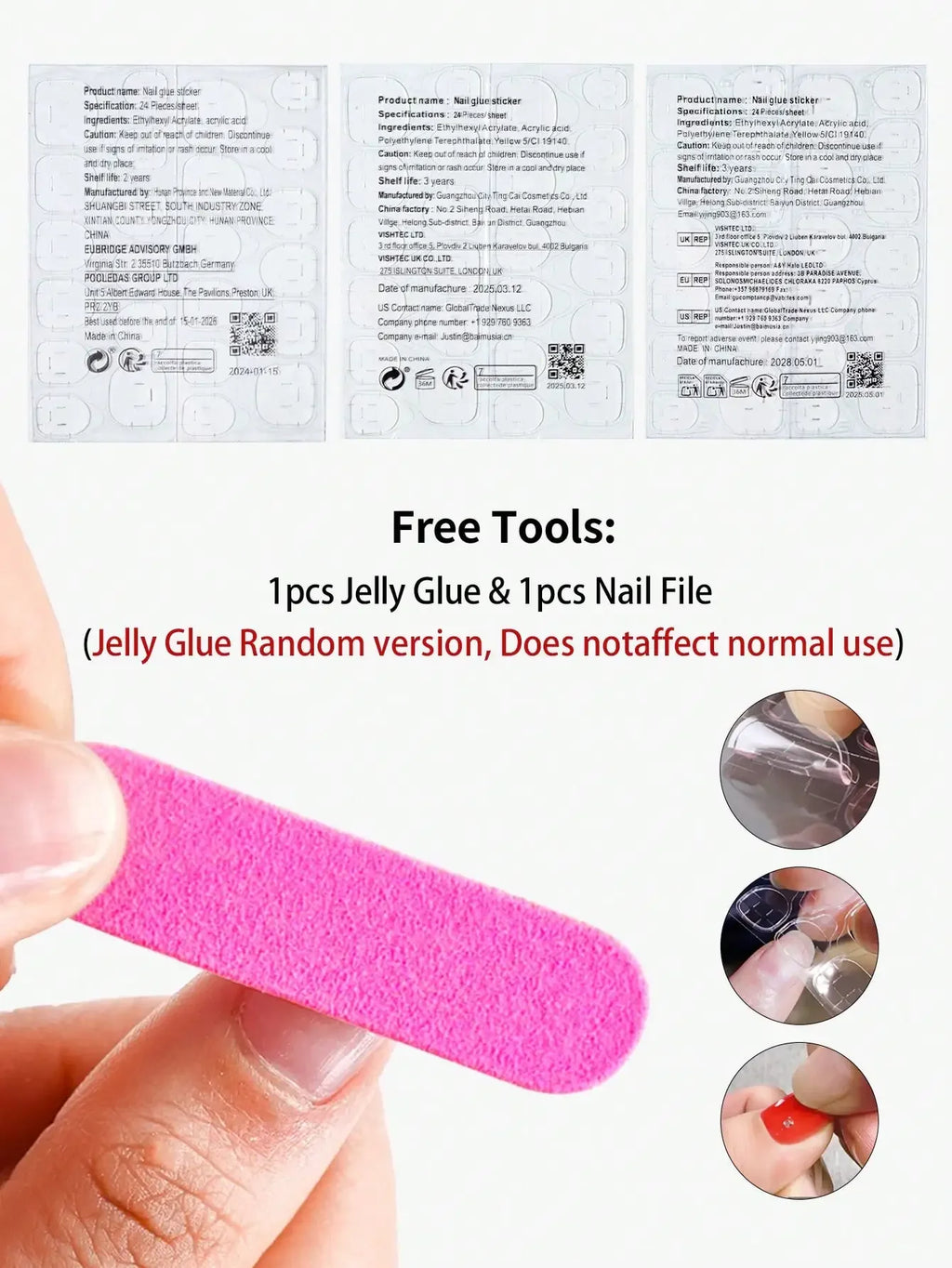 24Pcs 3D Floral French Gel Nail Stickers with Pearls, Press On Nails Set Includes Jelly Gel & Nail File