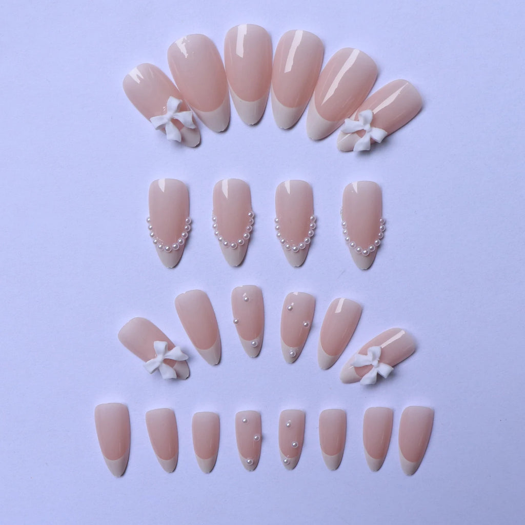 ARTAUG 96PCS Pressed French Almond False Nails With 3d Bow Pearl And Flower Designs, Reusable Acrylic False Nails