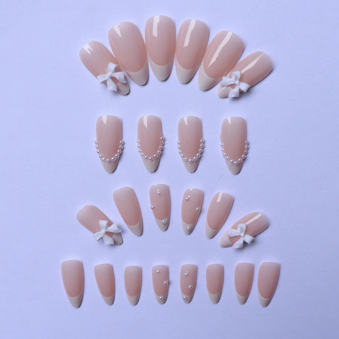 ARTAUG 96PCS Pressed French Almond False Nails With 3d Bow Pearl And Flower Designs, Reusable Acrylic False Nails