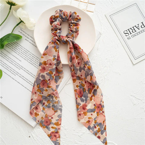 2023 Fashion Print Chiffon Long Ribbon Scrunchies Women Girls Ponytail Scarf Elastic Hair Bands Ties Hair Accessories Wholesale