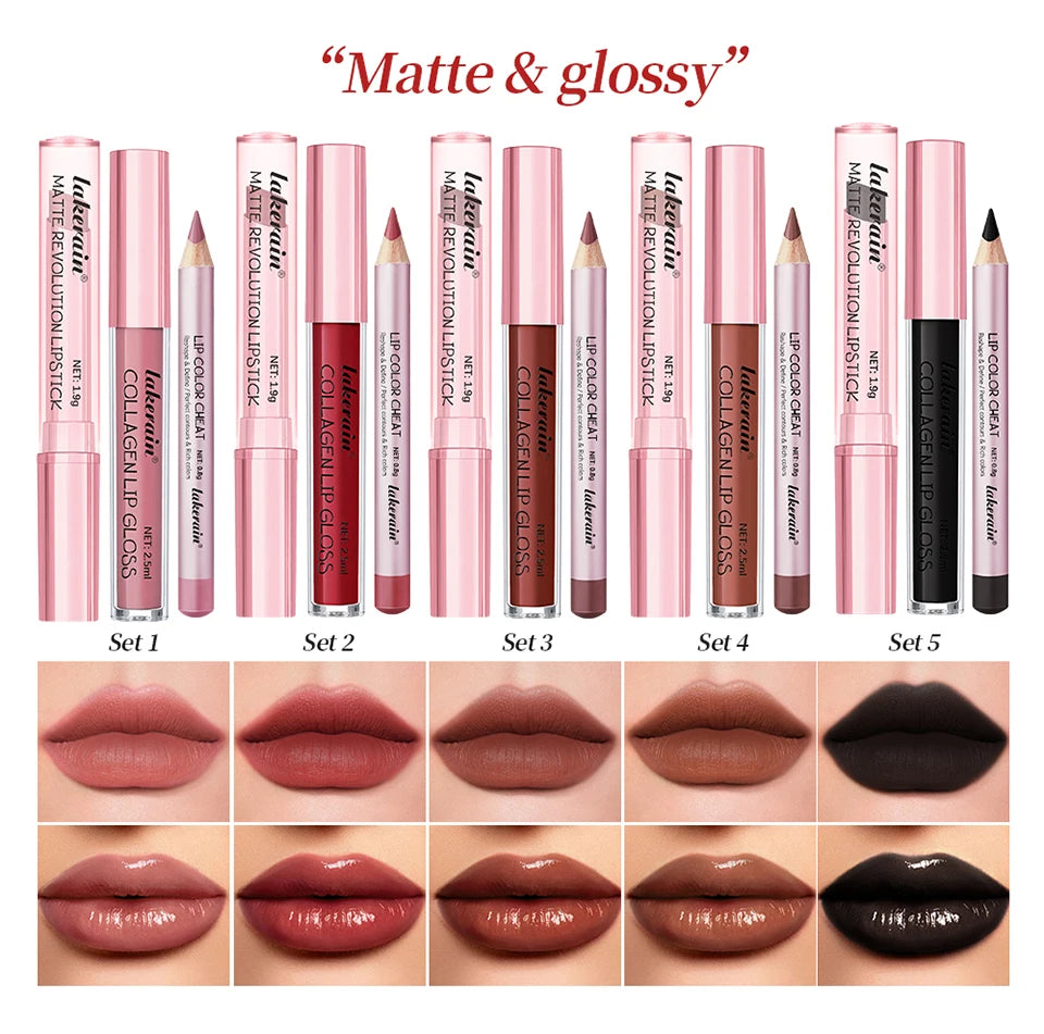 Waterproof Long Lasting Matte Black Lipstick Set Velvet Liquid Lip Gloss Lip Liner Set Red Stain Halloween Goth Makeup