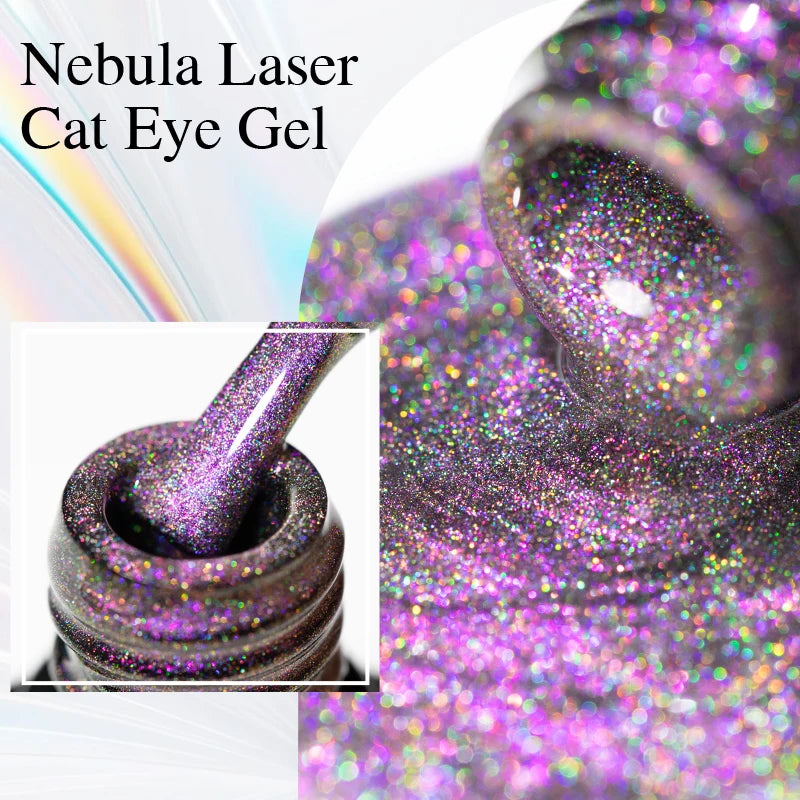 PUENTE 7.5ML Sparkling Pinkish Purple Laser Cat Magnetic Gel Nail Polish Holographic Rainbow Effect Soak Off UV Nail Art Varnish