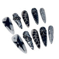 Handmade Press on Nails Punk Cool Black Star Crocodile pattern False Nails Heavy Metal European Black Almond Fake Nail Patches