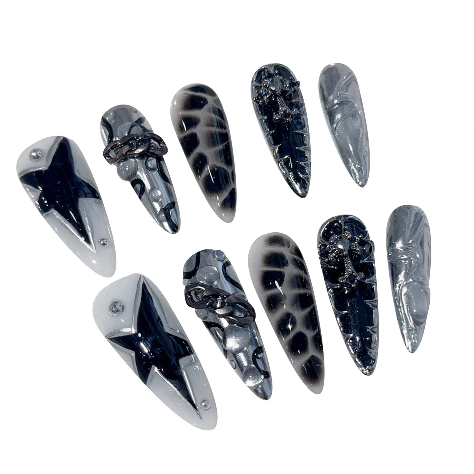 Handmade Press on Nails Punk Cool Black Star Crocodile pattern False Nails Heavy Metal European Black Almond Fake Nail Patches