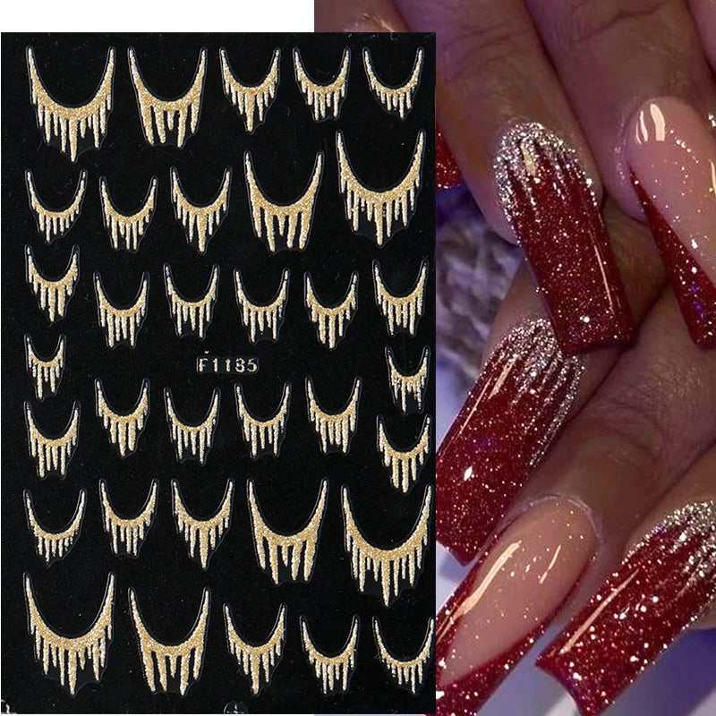 Reflective Glitter French Nail Art Stickers Sparkly Gold Silver Tassel Line Geometric Grids Adhesive Sliders Decals DIY Manicure