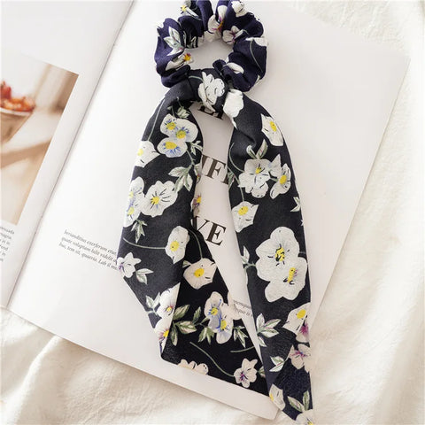 2023 Fashion Print Chiffon Long Ribbon Scrunchies Women Girls Ponytail Scarf Elastic Hair Bands Ties Hair Accessories Wholesale