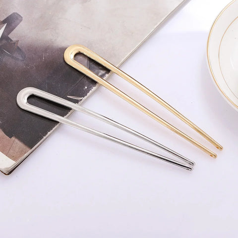 U-Shaped Hair Fork Elegant Golden Silver-color Alloy Long Thick Hair Updo Bun French Hairpin Stick Women Girls Hair Accessories