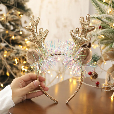 Christmas Headband Xmas Elk Horn Bell Sequin Christmas Hair Band Happy New Year Photo Props Merry Christmas Decor Gifts for Kids