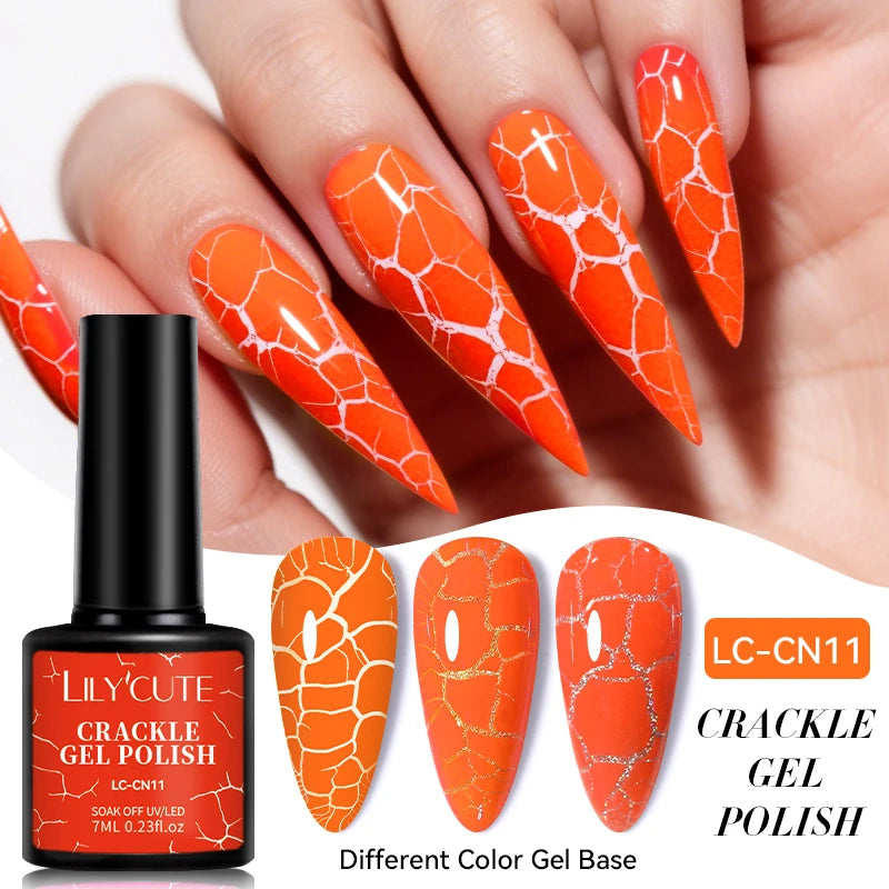 LILYCUTE 7ml Neon Crackle Gel Nail Polish Summer Fluorescent Quick Drying Semi Permanent UV Gel Nail Art Varnish DIY Manicure