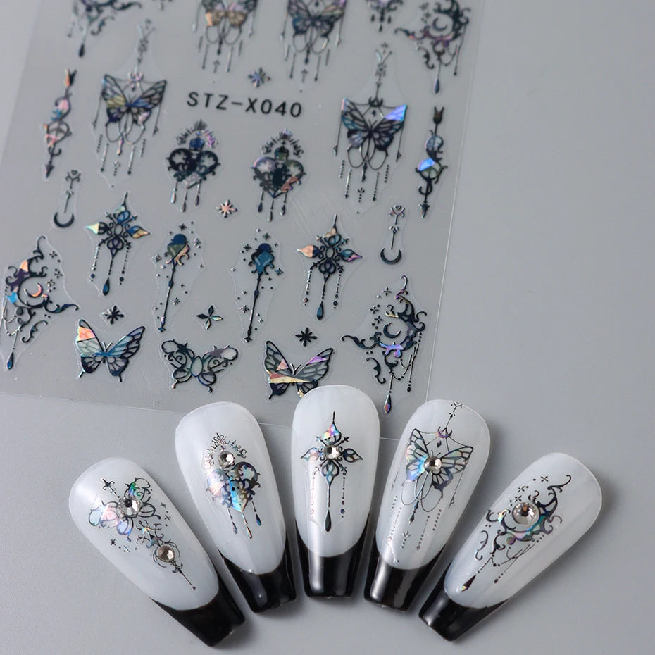 Black White Butterfly Laser Nail Stickers Y2K Nail Art Decoration Abstract Metal Lines Bronzing Lace Flowers Stickers For Nails