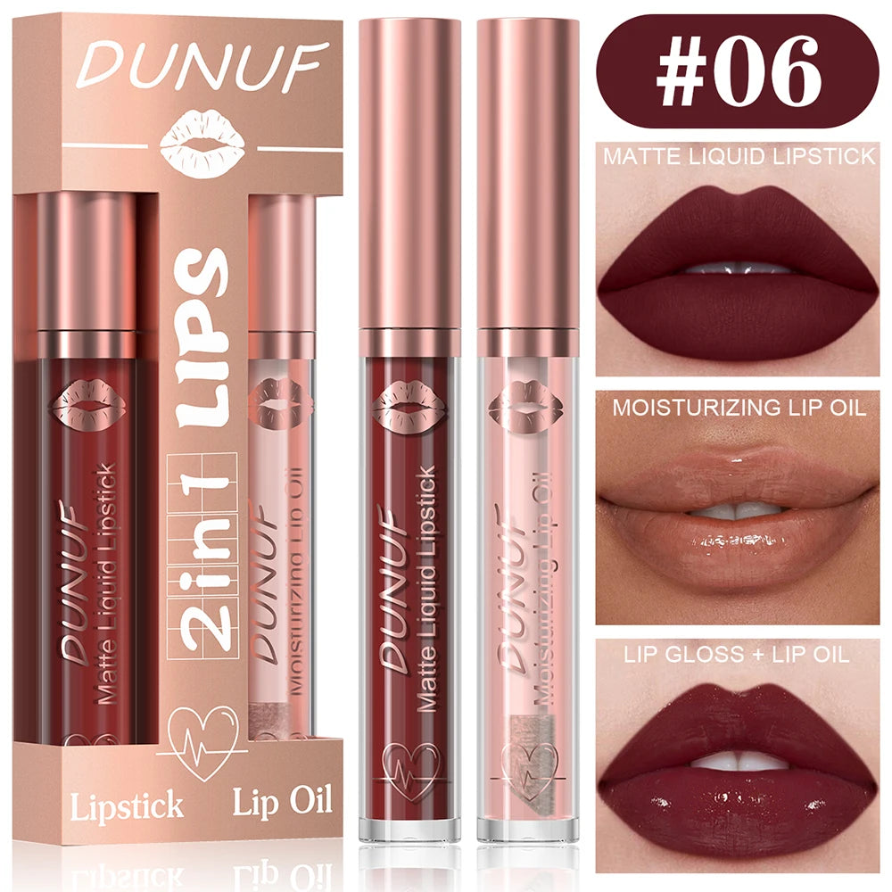DUNUF Lip Gloss And Lip Oil Set 2-Piece Long-Lasting Waterproof Matte Moisturizing Non-Fading Lipstick Collection