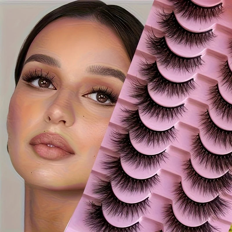 Fluffy False Eyelashes Wispy Lashes 3D Volume Strip Lashes D Curl Fake Eyelashes with Clear Band Eye Lashes