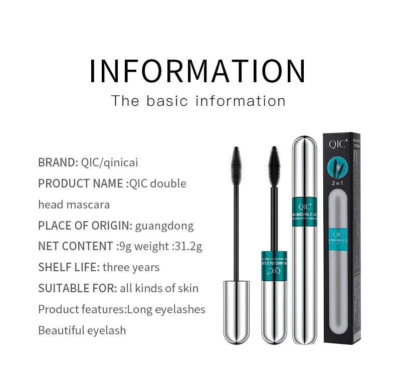 QIC Double Effect 4D Mascara Waterproof Long Curl Natural Thick Eyelash 2-in-1 Black Mascara with 2 Brush Heads