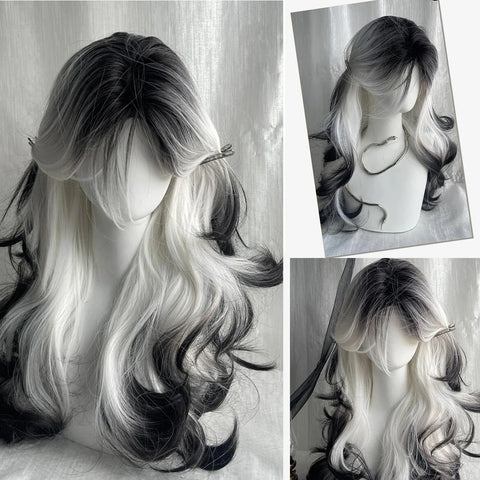 Gray-black Gradient Synthetic Wig Female Twilight Elf Gothic Lolita Wool Curly Long Hair With Bangs Christmas Cosplay Wig