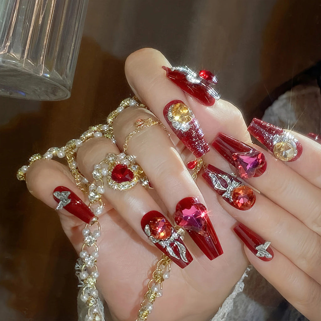 24pcs New Year Heavy Metal Press on Nails Chinese Bride Wedding Fake Nails Full Cover Wearable Shiny Large Crystal False Nails