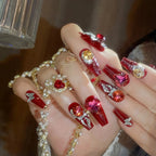 24pcs New Year Heavy Metal Press on Nails Chinese Bride Wedding Fake Nails Full Cover Wearable Shiny Large Crystal False Nails