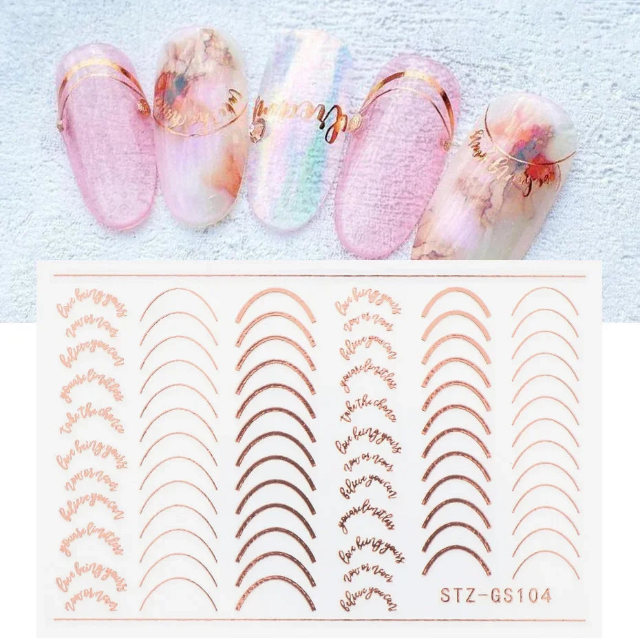 3pcs/set 3D Simple Lines Nail Stickers Rose Gold Metal Stripe Letters Decals Curve Gel Nails Art Sliders Polish Manicure Decor