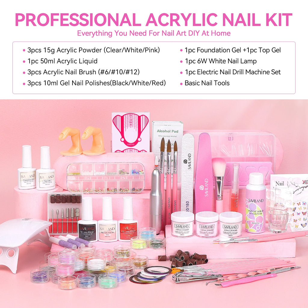 SAVILAND Full Acrylic Nail Kit With UV Nail Lamp Electric Nail Drill Machine Powder Gel Nail Polish Tools For Manicure Nail Art