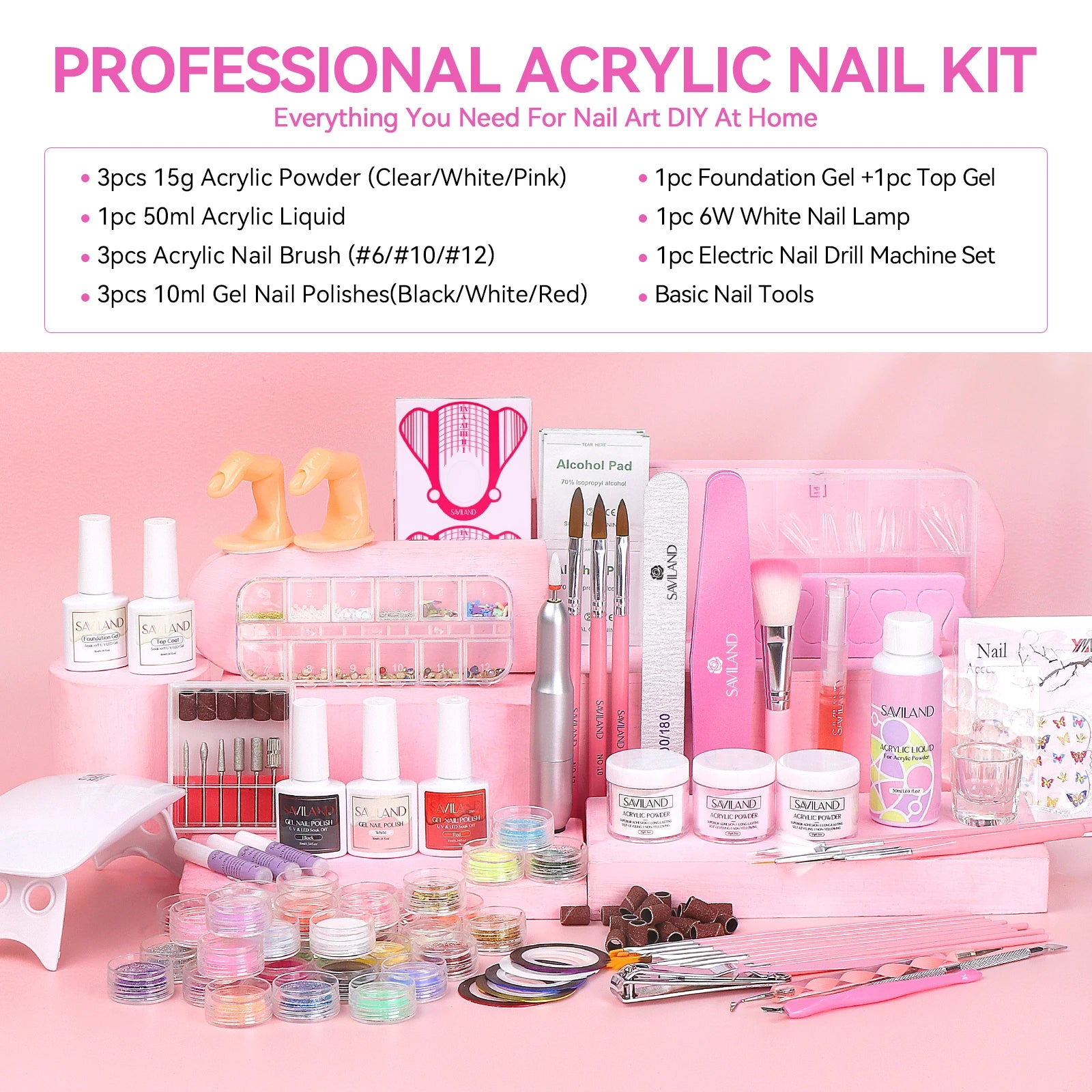 SAVILAND Full Acrylic Nail Kit With UV Nail Lamp Electric Nail Drill Machine Powder Gel Nail Polish Tools For Manicure Nail Art