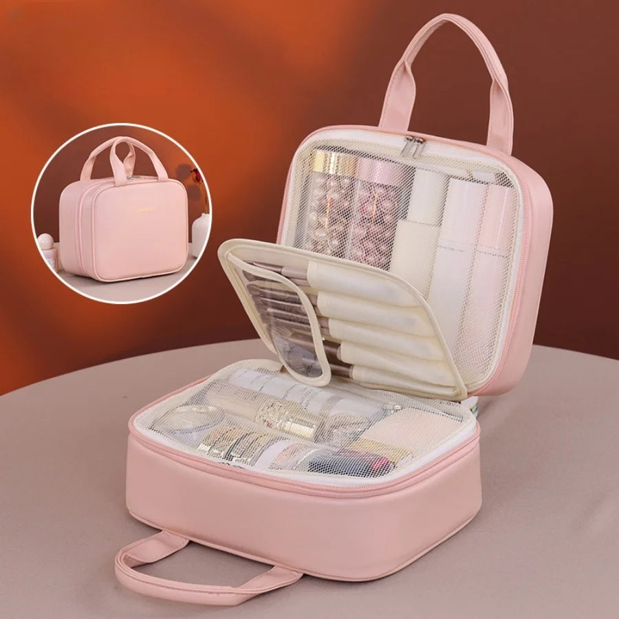 Multifunctional Makeup Bag For Women PU Leather Large Capacity Portable Double Zipper Travel Makeup Brush Toiletries Storage Bag
